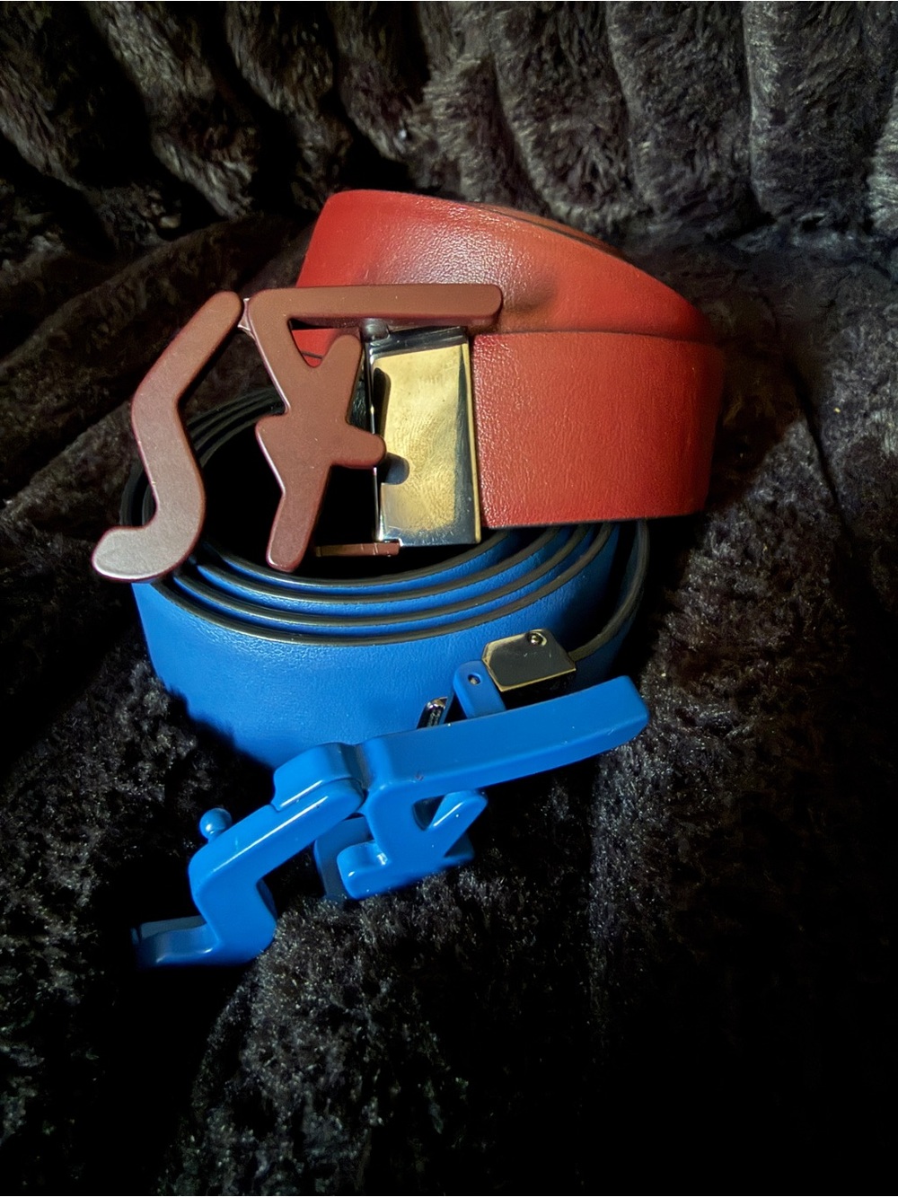 Salvatore Ferragamo Red and Blue Men's Leather Belts with Signature Logo Buckles